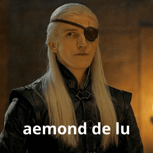 A Man With Long White Hair And An Eye Patch Says Aemond De Lu On The Bottom GIF