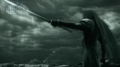 A Man With Long White Hair Is Holding A Sword In Front Of A Final Fantasy Iii Logo GIF