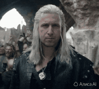 A Man With Long White Hair Is Wearing A Black Leather Jacket And A Necklace . GIF