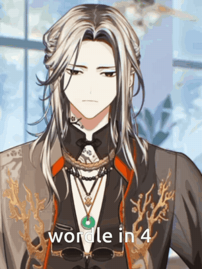 A Man With Long White Hair Is Wearing A Tuxedo And Necklaces With The Words " Wordle In 4 " Below Him GIF