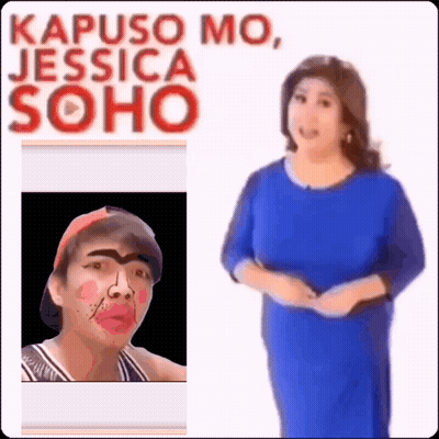 A Man With Makeup On His Face Is Next To A Woman In A Blue Dress GIF