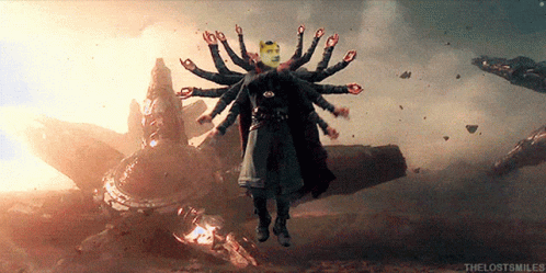 A Man With Many Hands Is Flying Through The Air With A Caption That Says The Lost Smiles GIF