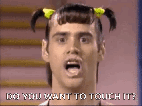 A Man With Pigtails Is Asking If He Wants To Touch It . GIF