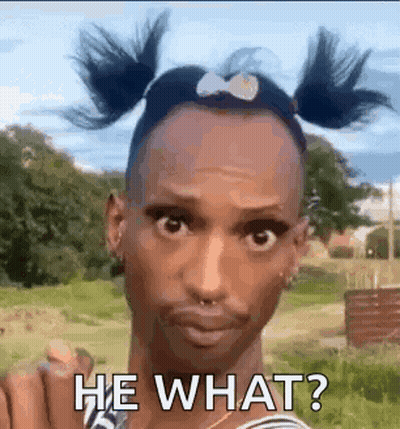 A Man With Pigtails On His Head And The Words `` He What ? '' Is Standing In A Field . GIF