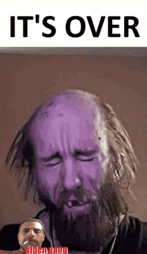 A Man With Purple Hair And A Beard Is Smoking A Cigarette With The Words " It 'S Over " Above Him GIF