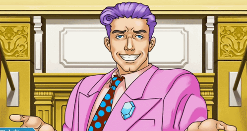 Man With Purple Hair And Pink Suit Smiling GIF