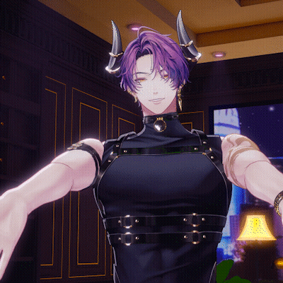 A Man With Purple Hair And Horns Stands In A Room GIF