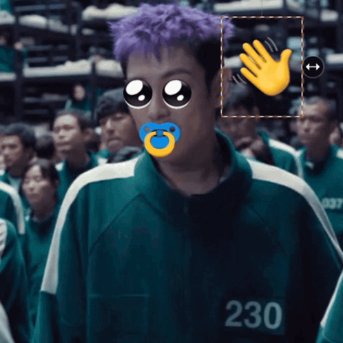 A Man With Purple Hair Has A Pacifier In His Mouth And The Number 230 On His Shirt GIF