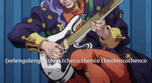 A Man With Purple Hair Is Playing A Guitar With A Caption That Starts With The Letters Tcheco GIF