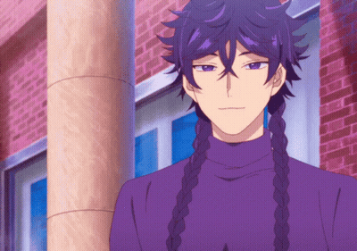 A Man With Purple Hair Is Wearing A Purple Turtleneck And Braids GIF