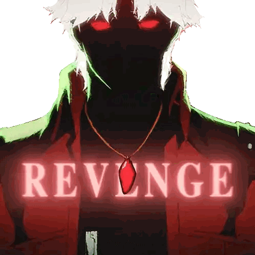 A Man With Red Eyes And The Word Revenge In White Sticker