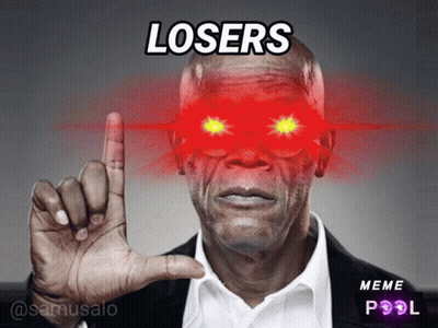 A Man With Red Eyes And The Words Losers Written On His Face GIF