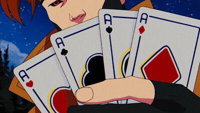 A Man With Red Eyes Is Holding Four Aces Playing Cards GIF