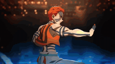 A Man With Red Hair And Blue Stripes On His Body Is Standing In The Dark GIF