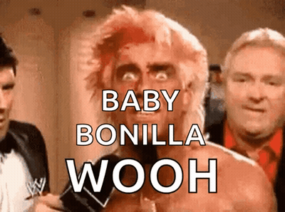 A Man With Red Hair And The Words Baby Bonilla Wooh Written On His Face GIF