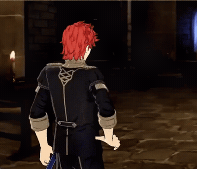 A Man With Red Hair Is Holding A Sword In A Dark Room GIF
