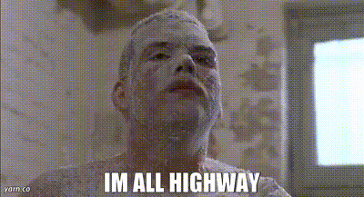A Man With Shaving Cream On His Face And The Words `` Im All Highway '' Written Above Him . GIF