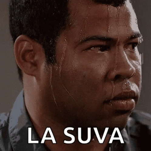 A Man With Sweat Coming Out Of His Face And The Words La Suva Written Below Him GIF