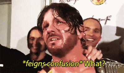 A Man With Sweat On His Face And The Words " Feigns Confusion What " GIF