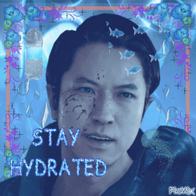 A Man With Water Drops On His Face And The Words Stay Hydrated Above Him GIF