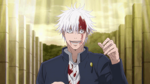 A Man With White Hair And A Bloody Face Is Smiling GIF