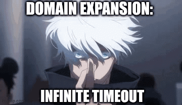 A Man With White Hair And Blue Eyes Is Holding His Finger To His Nose And Says `` Domain Expansion : Infinite Timeout '' GIF