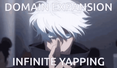 A Man With White Hair And Blue Eyes Is Holding His Finger To His Nose With The Words Domain Expansion Infinite Yapping B GIF