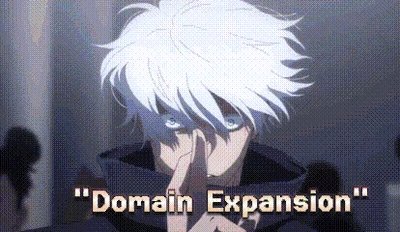 A Man With White Hair And Blue Eyes Is Holding His Hand To His Mouth And Says `` Domain Expansion '' . GIF