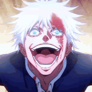 A Man With White Hair And Blue Eyes Is Making A Funny Face . GIF