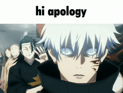 A Man With White Hair And Blue Eyes Is Standing In Front Of A Sign That Says Hi Apology GIF