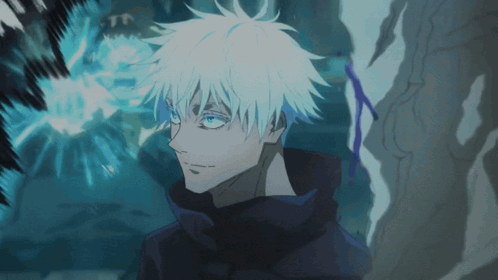 A Man With White Hair And Blue Eyes Stands In Front Of A Blue Background GIF