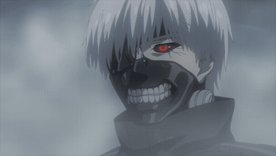 A Man With White Hair And Red Eyes Is Wearing A Mask GIF