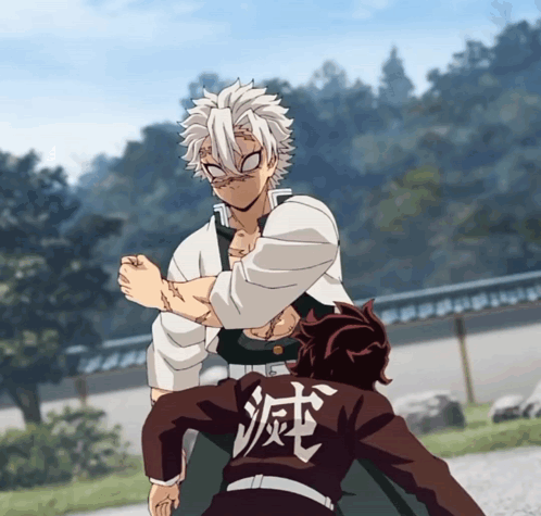 A Man With White Hair Is Fighting Another Man With Chinese Writing On His Back GIF