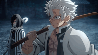A Man With White Hair Is Holding A Sword While Another Man Stands Behind Him . GIF
