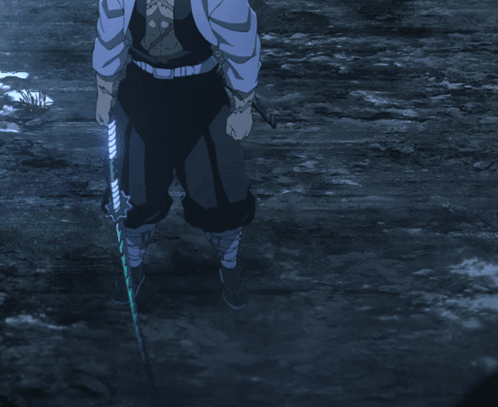 A Man With White Hair Is Kneeling Down With A Sword In Front Of Him GIF