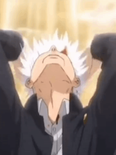 A Man With White Hair Is Looking Up With His Arms Outstretched . GIF
