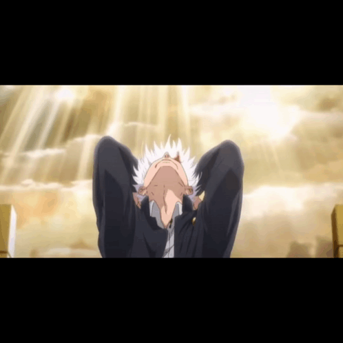 A Man With White Hair Is Looking Up With His Hands Behind His Head GIF