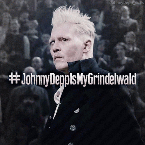 A Man With White Hair Is Standing In Front Of A Crowd With # Johnny Deppls My Grindelwald Written On The Bottom GIF