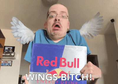 A Man With Wings Holds A Bag Of Red Bull Energy Drink GIF
