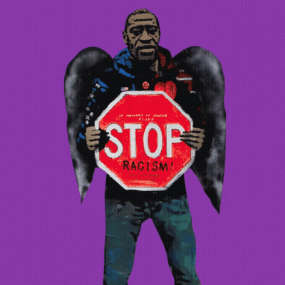 A Man With Wings Is Holding A Red Stop Sign GIF