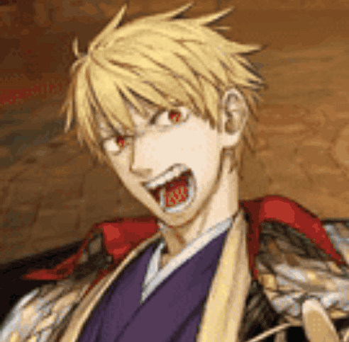 A Man With Yellow Hair And Red Eyes Is Wearing A Purple Kimono And A Red Cape . GIF