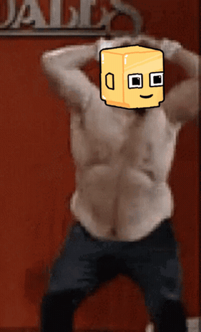 A Man Without A Shirt Has A Yellow Box On His Head GIF
