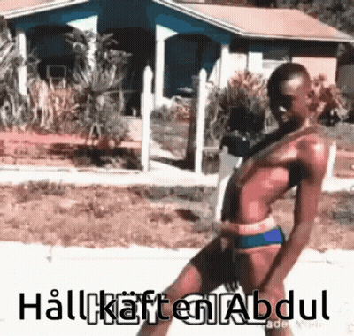A Man Without A Shirt Is Dancing In Front Of A House With The Words Hallkaffen Abdul On The Bottom GIF