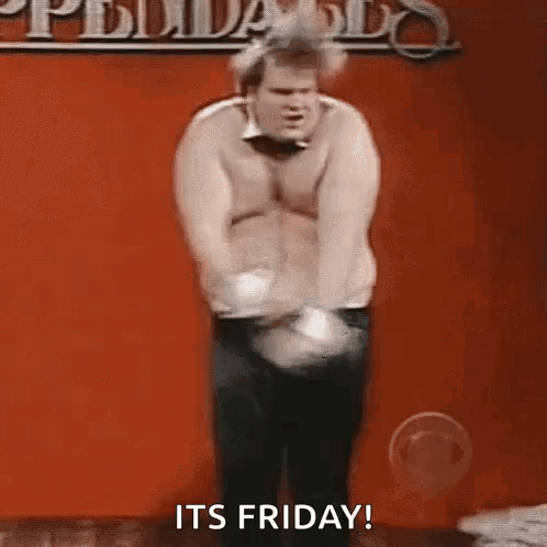 A Man Without A Shirt Is Dancing In Front Of A Red Wall With The Words `` It 'S Friday '' . GIF