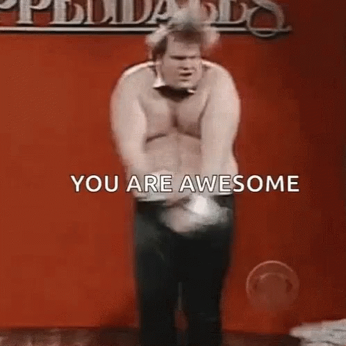 A Man Without A Shirt Is Dancing In Front Of A Red Wall With The Words `` You Are Awesome '' Written On It . GIF