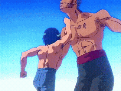 A Man Without A Shirt Is Fighting Another Man In A Cartoon GIF