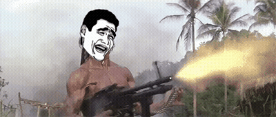 A Man Without A Shirt Is Holding A Gun And Making A Funny Face In Front Of Palm Trees . GIF