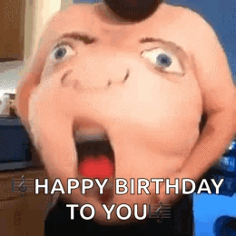 A Man Without A Shirt Is Holding A Red Balloon In His Mouth And Saying `` Happy Birthday To You '' . GIF