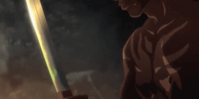 A Man Without A Shirt Is Holding A Sword In His Hand In A Dark Room . GIF