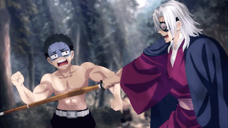 A Man Without A Shirt Is Holding A Sword While Another Man Stands Behind Him . GIF